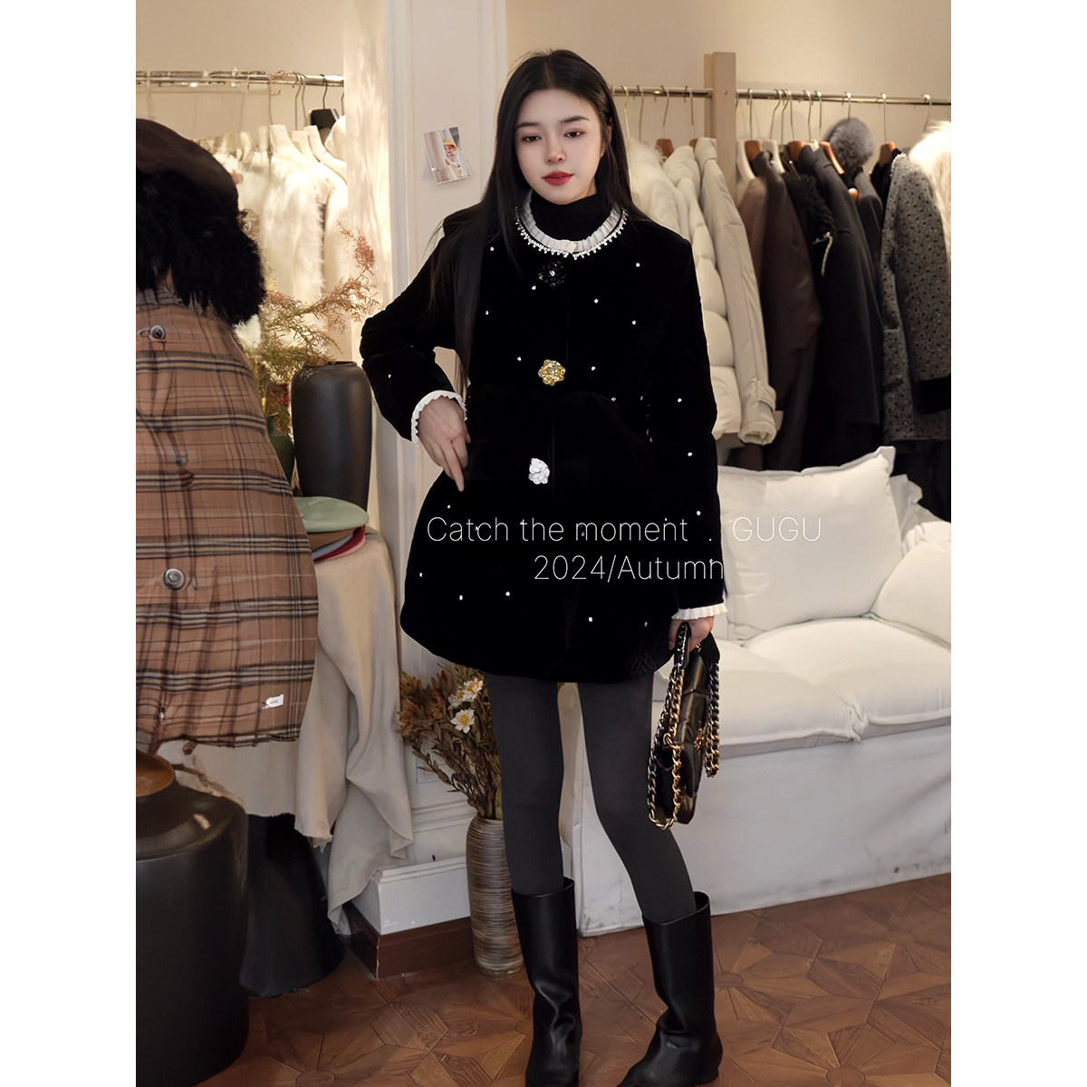 秋冬季韩版小香风重工镶钻毛毛袖外套女2025新款羽绒内胆系带大衣,女装/女士精品,毛呢外套,淘宝优惠券,粉丝福利购,淘宝优惠卷