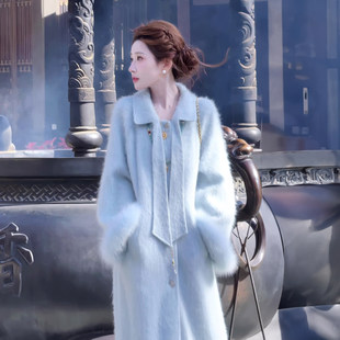 2026冬季网红新款加厚拉绒中长款大衣女高级感女神范蓝色显瘦外套