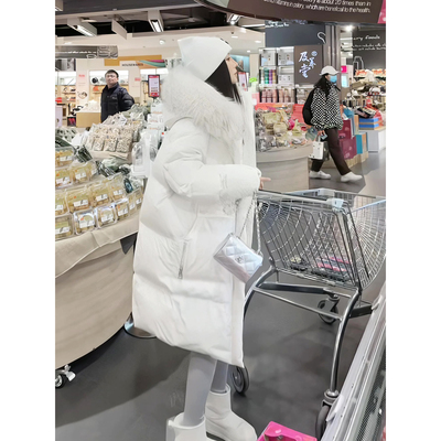 大毛领白色羽绒棉服女中长款冬季