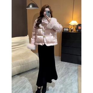 新中式狐狸毛提花羽绒棉服外套女冬季25新款镶钻金扣国风上衣