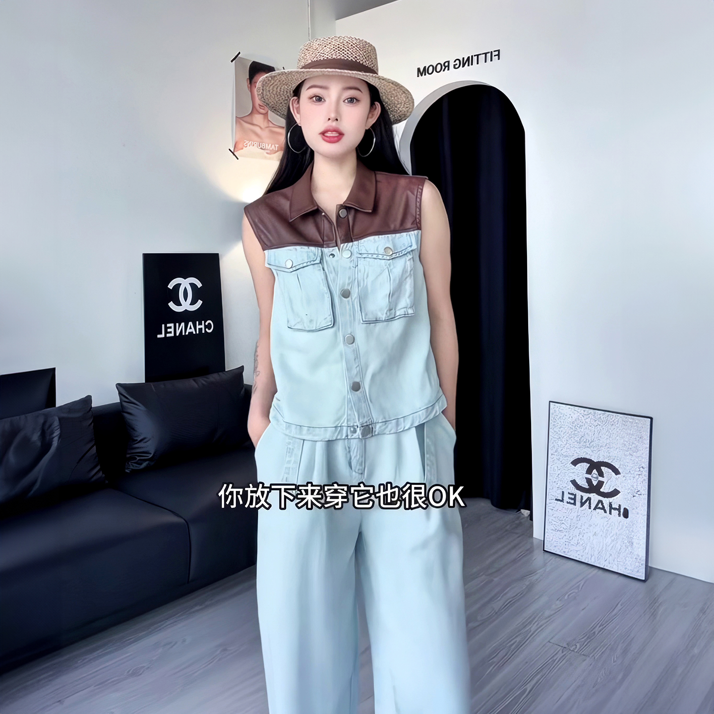 复古工装牛仔马甲套装女2025polo领撞色无袖马夹高腰阔腿裤两件套