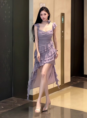 不规则荷叶边无袖吊带连衣裙女夏季紫色仙女裙收腰显瘦拖尾长裙子