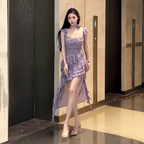 夏季紫色仙女裙收腰显瘦拖尾长裙
