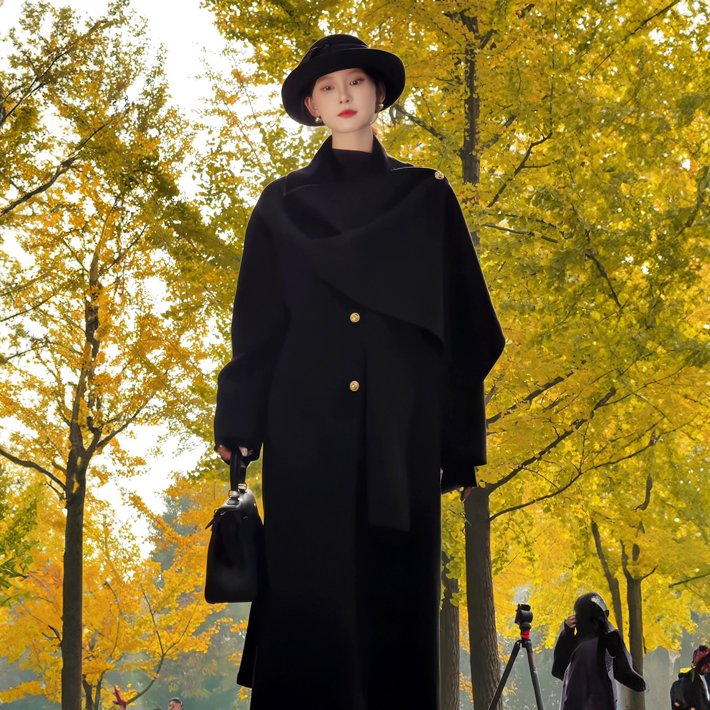 黑色双面羊绒大衣女冬装高级感中长款超好看围巾披肩斗篷毛呢外套