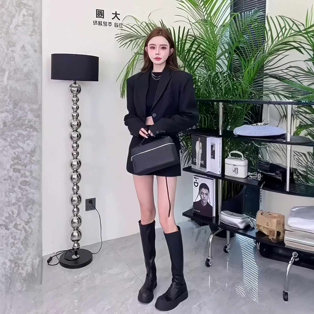 后露腰小香风西服半身裙套装