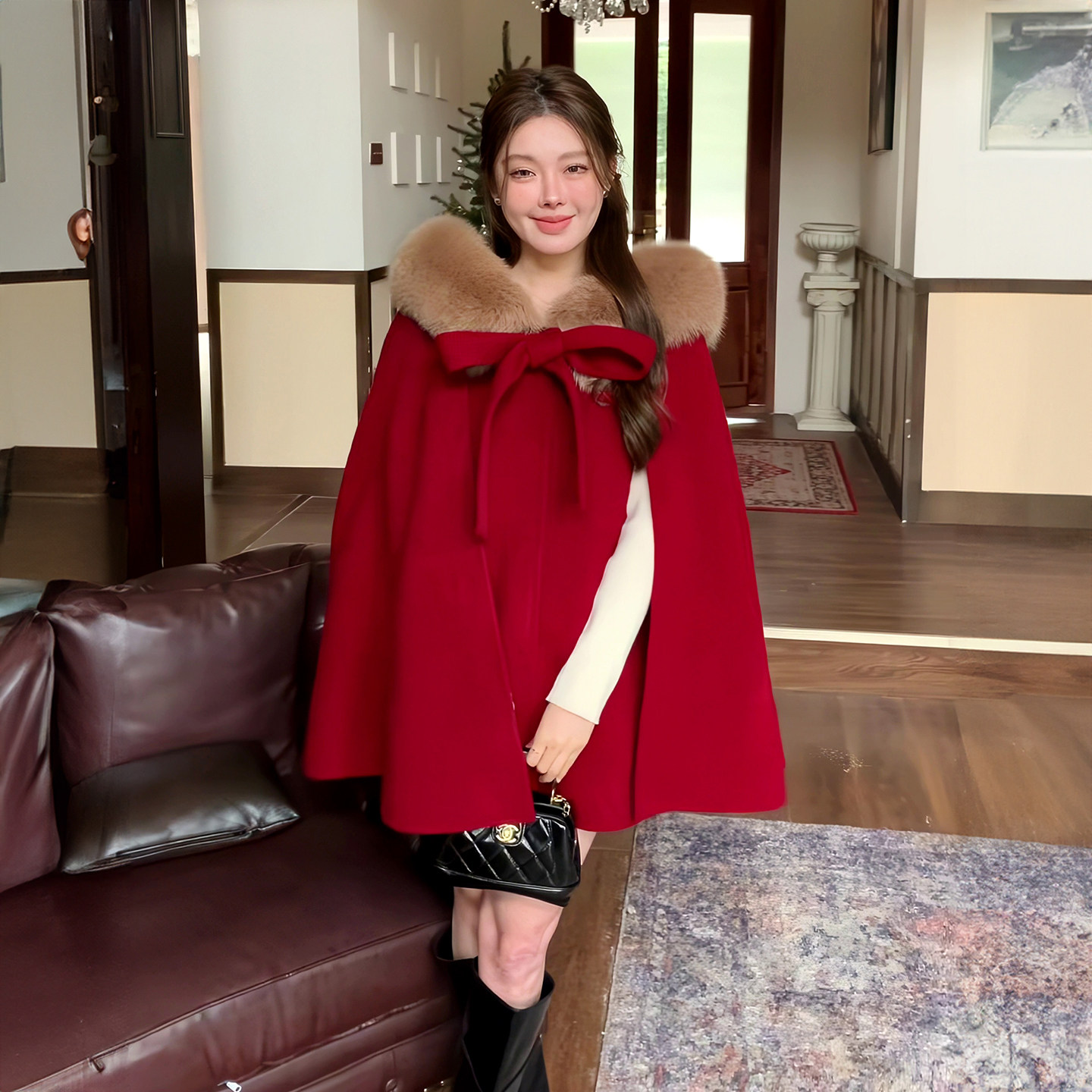 韩版新款红色高级感毛呢斗篷大衣女毛毛领中长款宽松保暖披肩外套