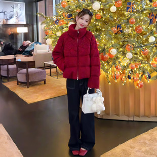 高级感复古红色短款立领羽绒服女2025冬季新款加厚保暖白鸭绒外套