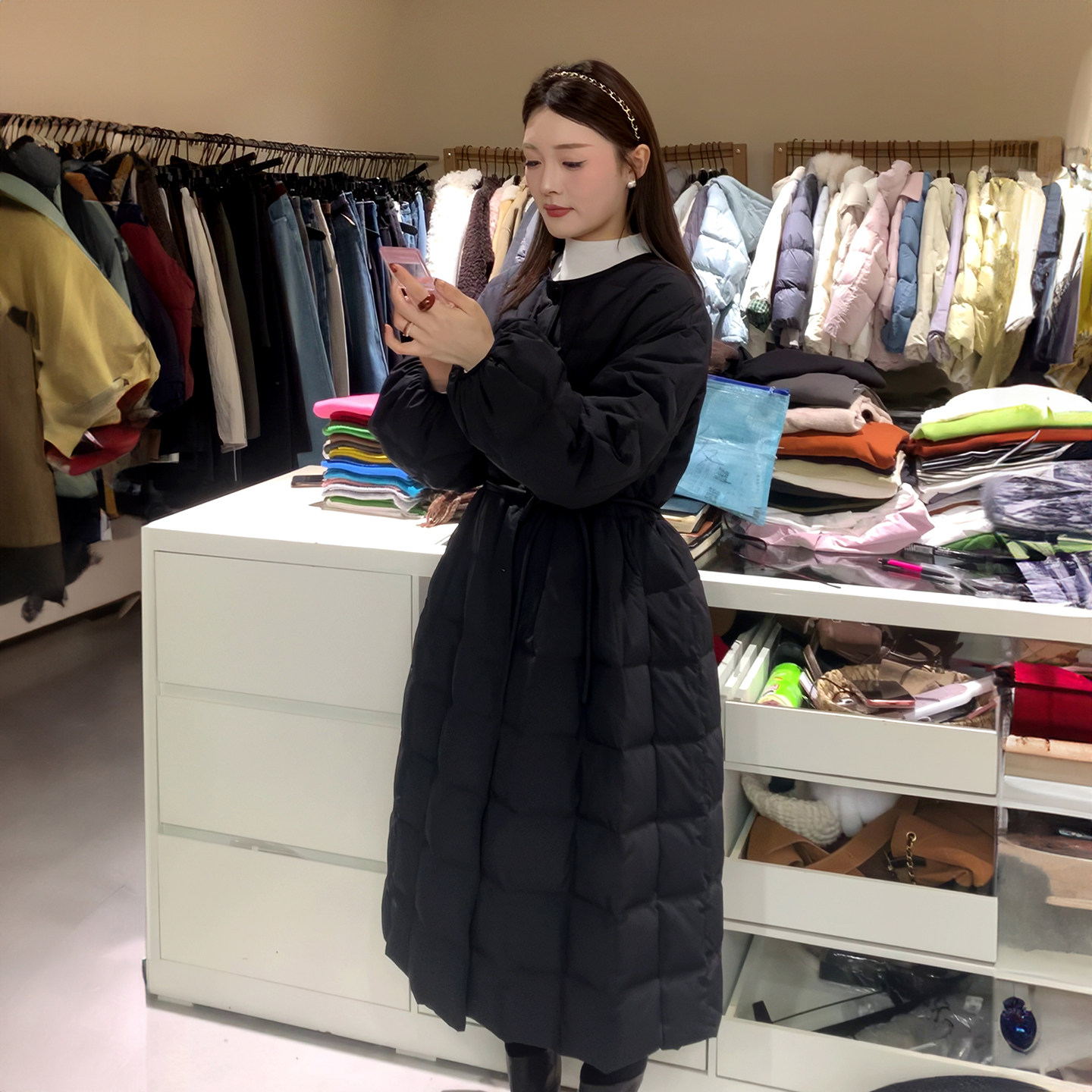 韩版羽绒服女中长款冬季新款韩版宽松时尚百搭加厚过膝白鸭绒外套,女装/女士精品,羽绒服,淘宝优惠券,粉丝福利购,淘宝优惠卷