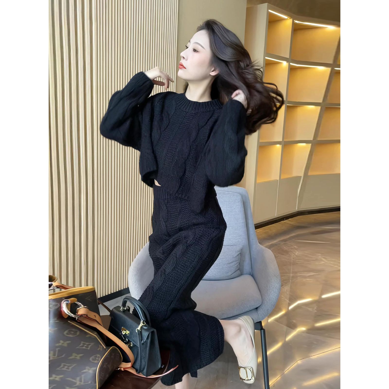 复古针织套装裙女秋冬炸街麻花套头毛衣+包臀鱼尾长裙两件套2025