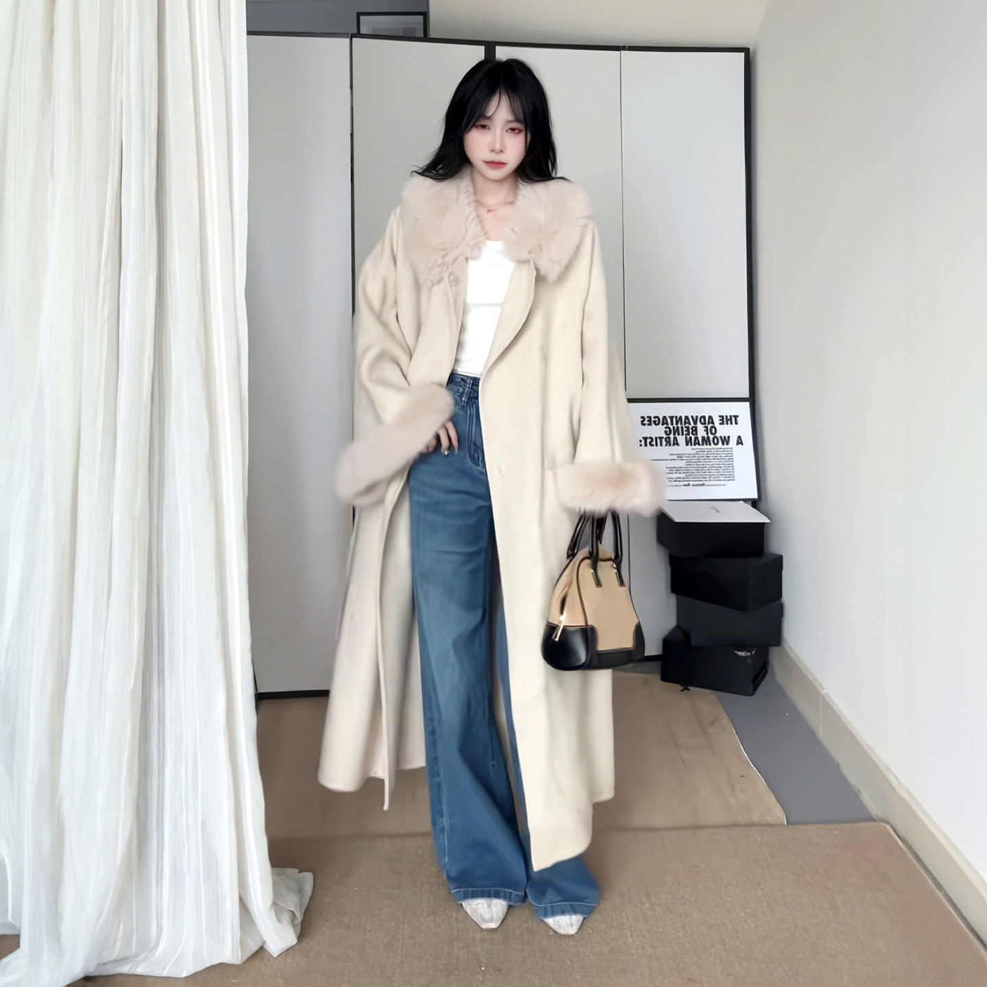 毛毛杏色呢子大衣女秋冬2026新款高级感超好看韩系中长款毛呢外套