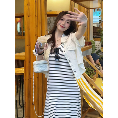 显瘦条纹吊带连衣裙短款牛仔外套