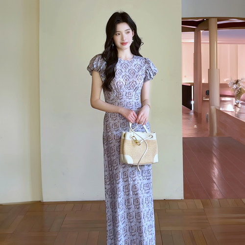 法式蓝色泡泡短袖连衣裙女