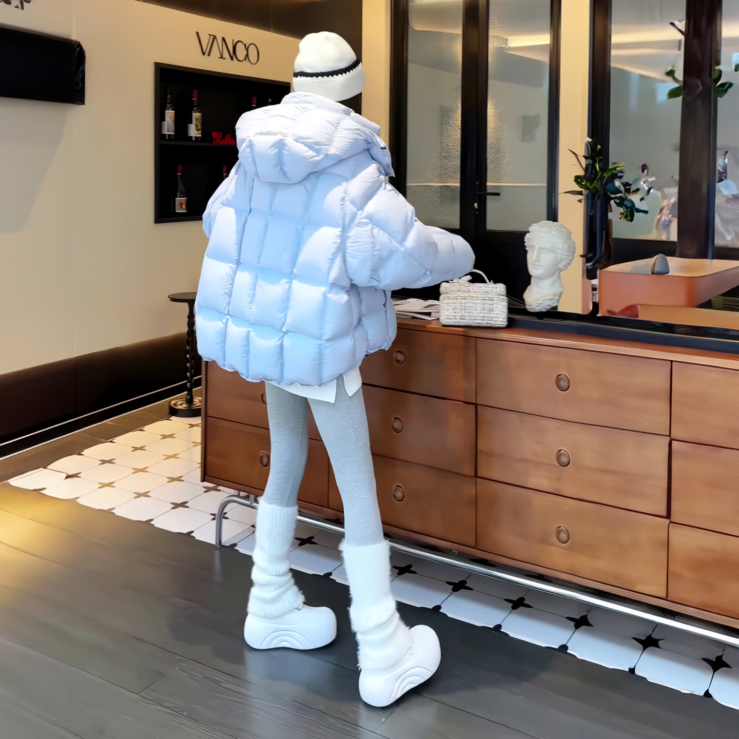 韩系蓝色连帽羽绒服女款2025冬季