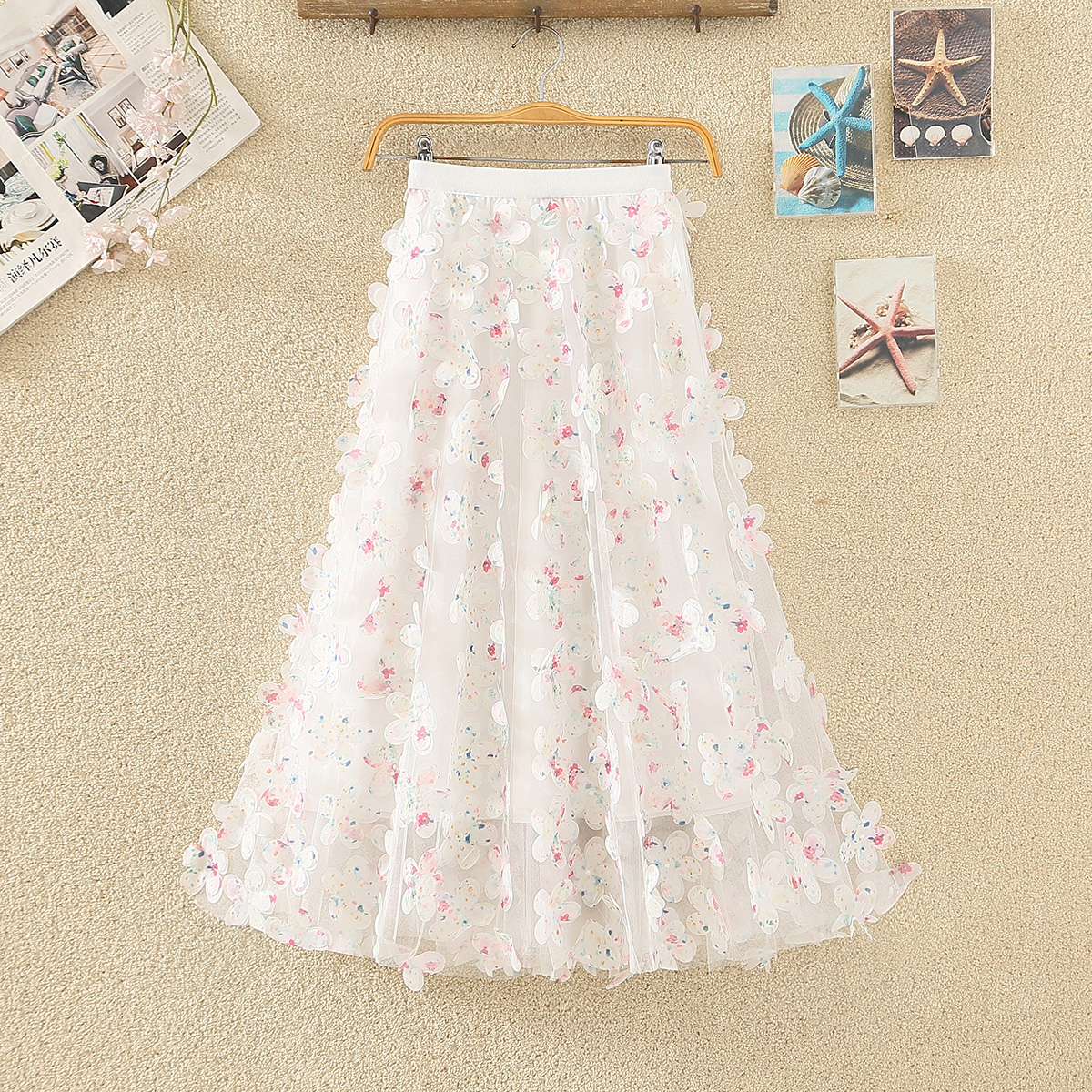 立体花朵网纱半身裙大摆a字长裙