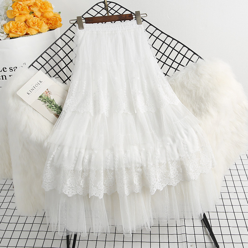 刺绣花波点网纱半身裙女2024春夏新款中长款蕾丝a字裙拼接蛋糕裙