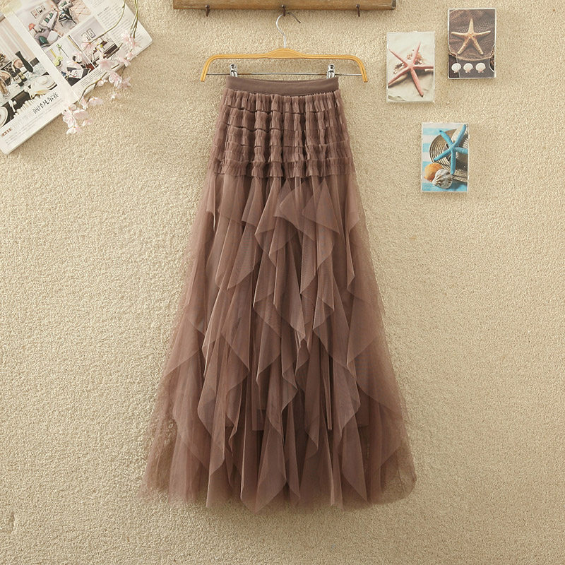 不规则纱裙蛋糕裙女春夏新款高腰显瘦荷叶边裙子网纱中长款半身裙