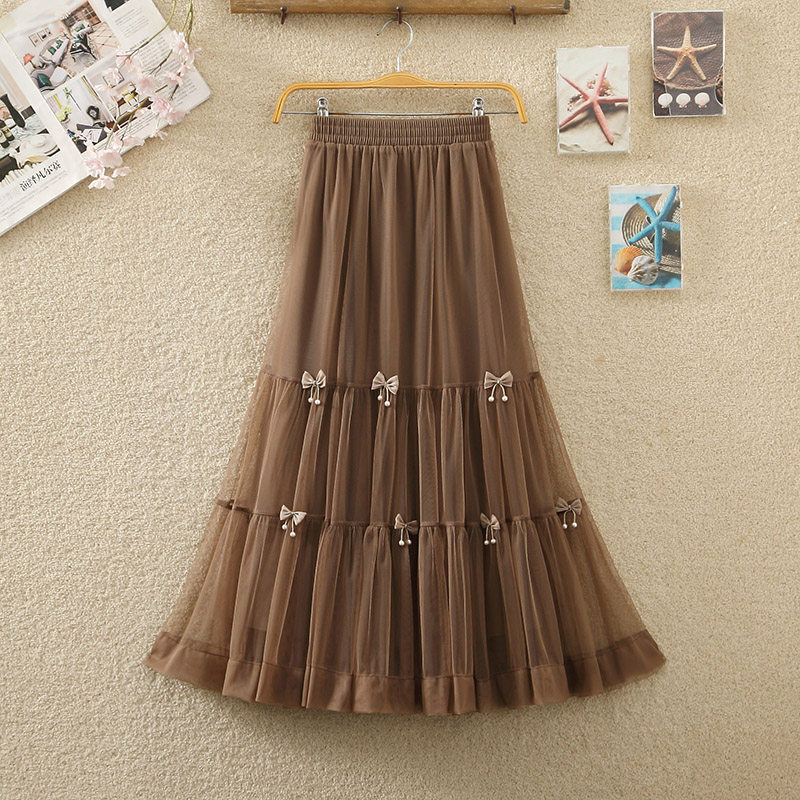 蝴蝶结纱裙女春夏新款甜美a字大摆蓬蓬蛋糕裙网纱裙中长款半身裙