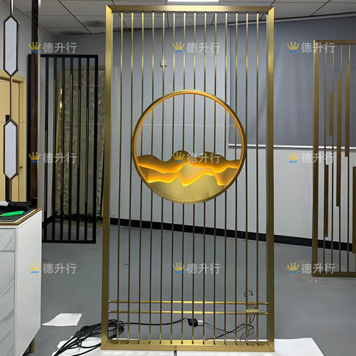 不锈钢屏风入户玄关中式激光镂空雕花格栅酒店大堂金属隔断背景墙