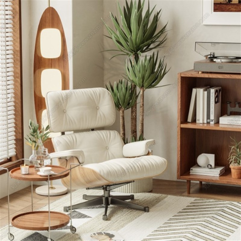 伊姆斯真皮沙发躺椅意式轻奢办公椅卧室单人躺椅中古风阳台休闲椅