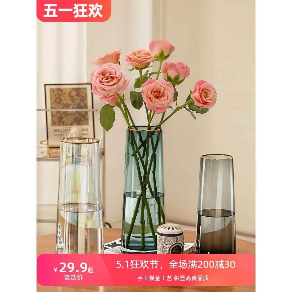 透明玻璃花瓶高级感绿色摆件客厅插花简约轻奢水培鲜花富贵竹绿植