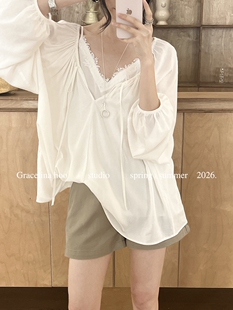 春上新!法式亚麻花边拼接背心+宽松松弛感抽褶衬衫套装含35%亚麻