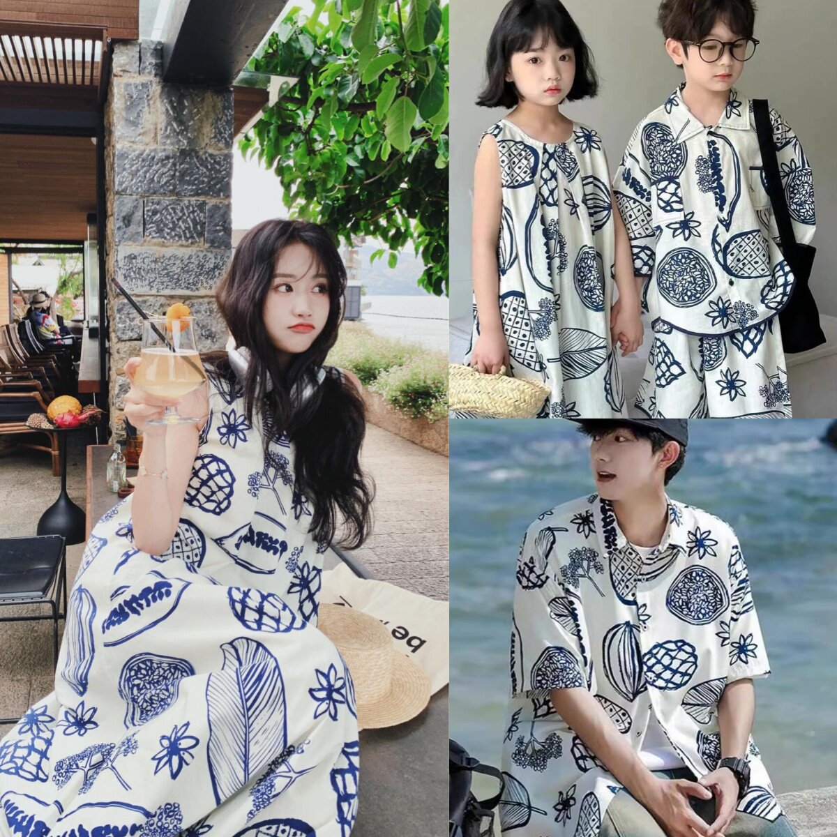 高级感夏日度假亲子装衬衫一家三口四口婴儿母子母女装海边裙子