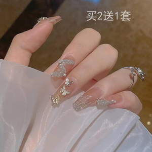 碎钻飘带穿戴甲指甲片爆闪蝴蝶结长款2023美甲成品结婚透色冰裸色