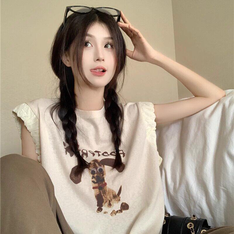 小狗印花无袖背心T恤女夏季2025新款宽松显瘦独特短款小飞袖上衣