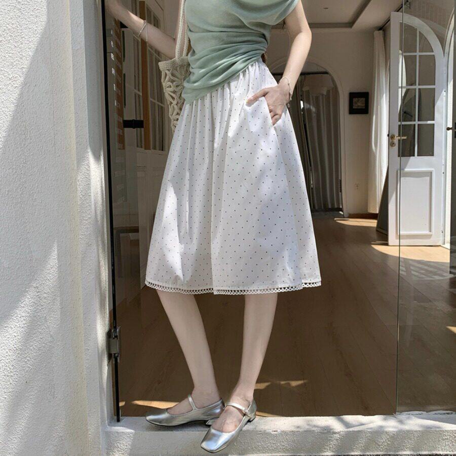 白色a字蓬蓬波点半身裙女夏季小个子梨型宽松五分半裙中裙到膝盖