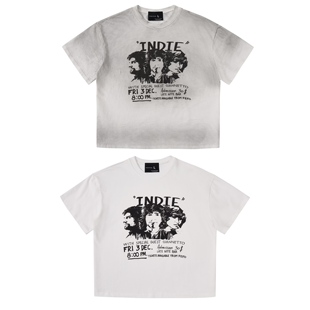 D4C 25SS乐队人像印花喷脏vintaget长绒棉T恤cleanfit圆领短袖