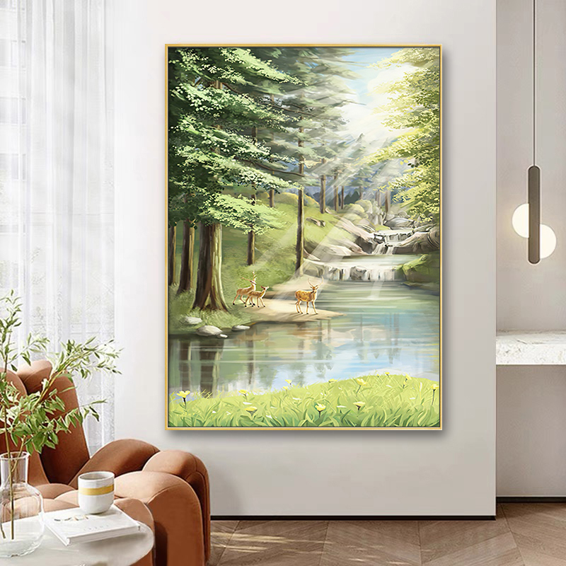 福鹿双全客厅装饰画流水生财大幅画田园山水抽象风景油画玄关挂画图片