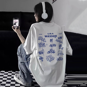WASSUP HEODS短袖t恤男女涂鸦字设计oversize宽松纯棉体恤上衣潮
