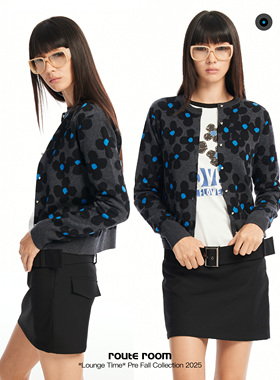 route room 黑蓝不规则花朵提花针织羊毛开衫