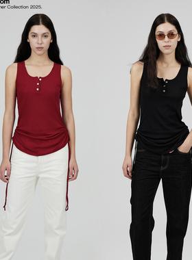 route room 宝石红｜黑色亨利领腰部抽绳飘带强捻长绒棉工字背心