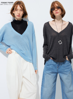 route room *可机洗大V领慵懒宽松羊毛针织上衣