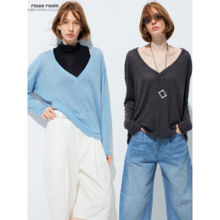 route room *可机洗大V领慵懒宽松羊毛针织上衣