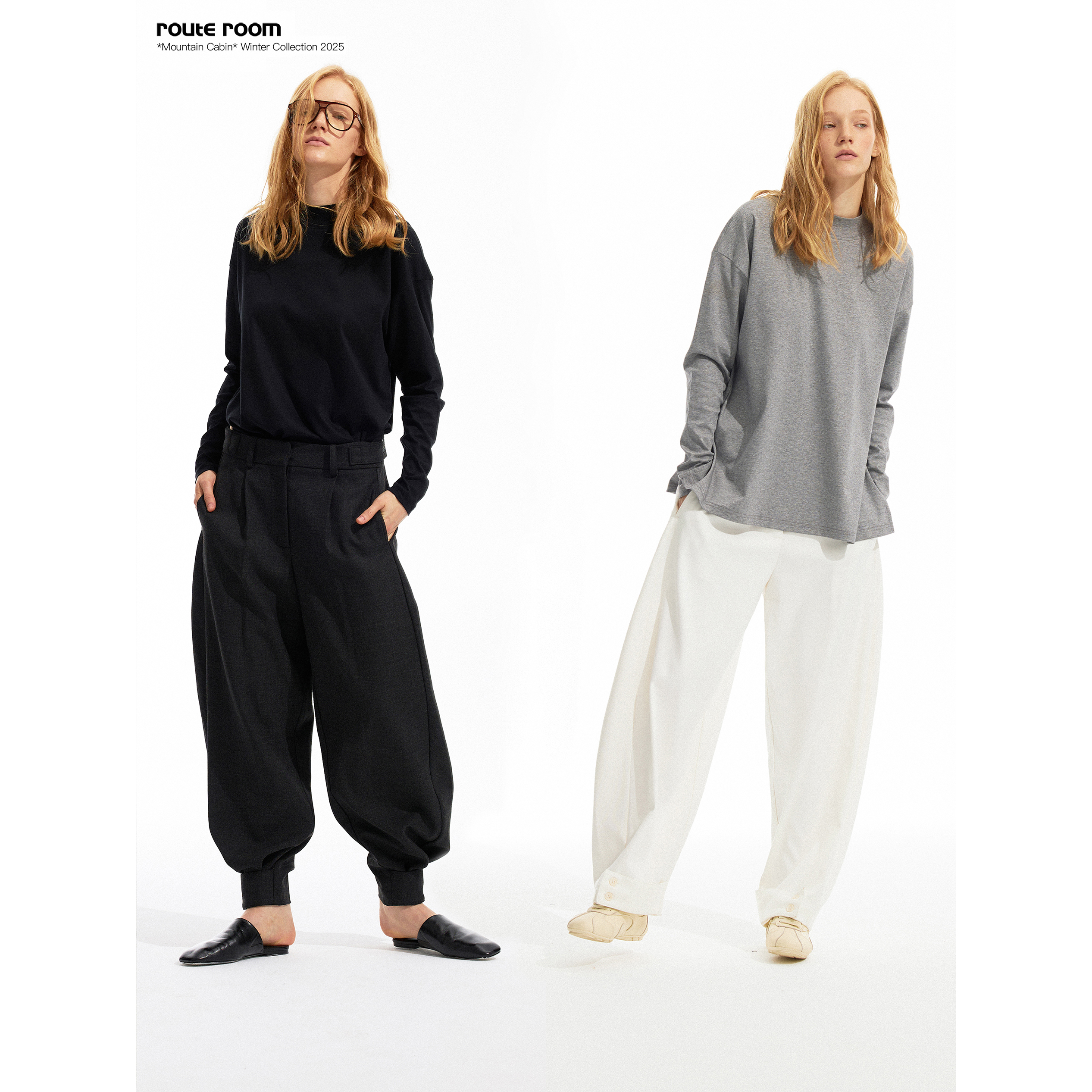 route room 弯刀锥形廓形束脚西裤 腰围裤脚可调节