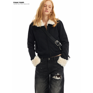 卫衣夹克外套 黑色抓绒毛绒拼接翻领短款 route room