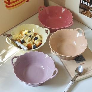 餐具高颜值奶油风陶瓷双耳碗清新釉下彩陶瓷沙拉碗泡面碗汤 好看