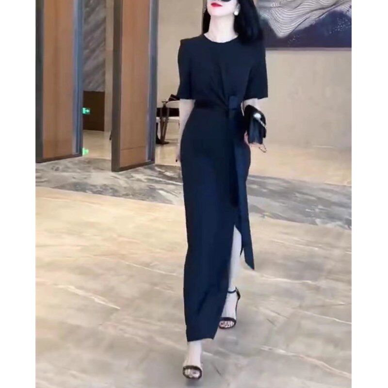 23325大爱美依缘夏季新款短袖纯色连衣裙腰带显瘦开叉女长裙