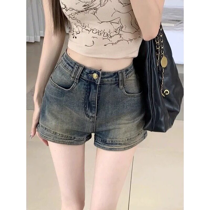 美式复古高街牛仔短裤女夏季薄款辣妹高腰修身显瘦做旧a字热裤子