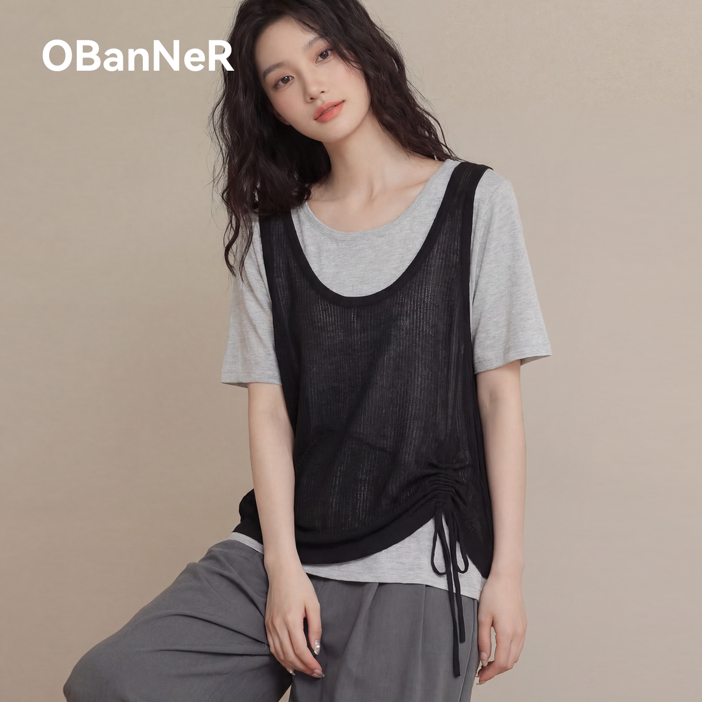 OBanNeR2026年夏季假两件短袖大码女装上衣胖mm针织衫抽绳设计T恤