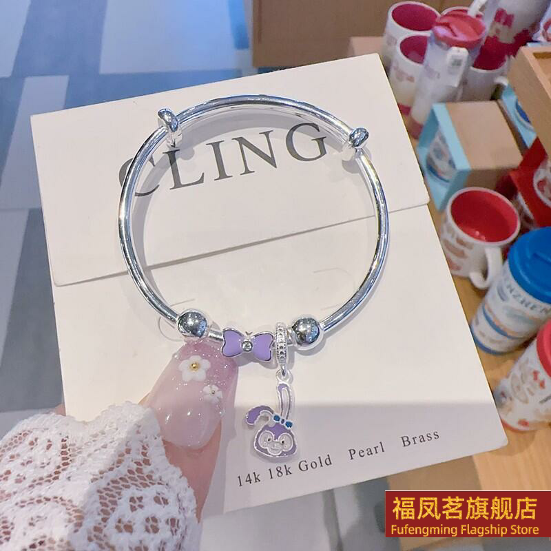 正生新款紫蝴蝶结小兔子纯银手镯足银9999小女孩学生中大童礼物