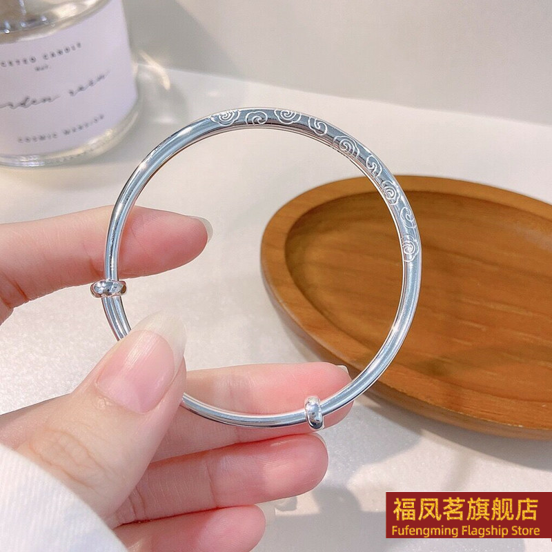正生祥云推拉实心调节手镯足银9999女小众新款礼物银饰品网红银镯