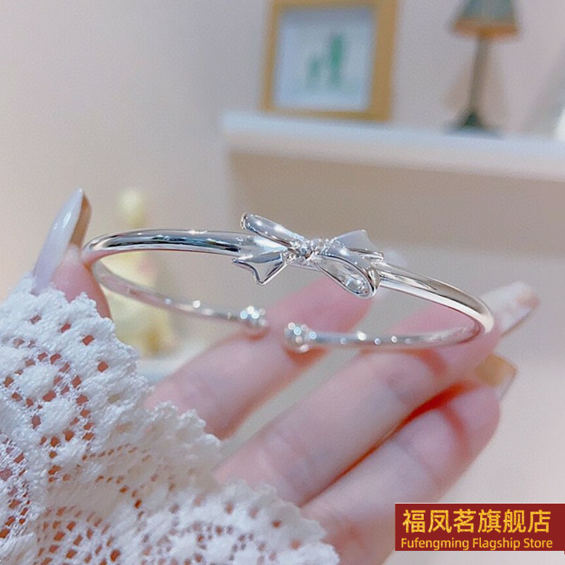 正生新款蝴蝶结开口纯银手镯足银9999小众实心新款手环送女友闺蜜