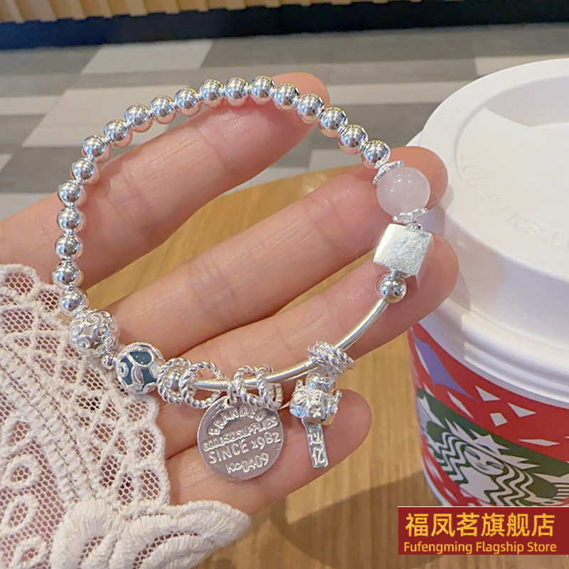 正生新款花球圆牌招财猫s925纯银手链女实心新款礼物刻字银珠手串