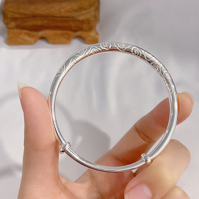 光面祥云福绕花丝纯银推拉手镯