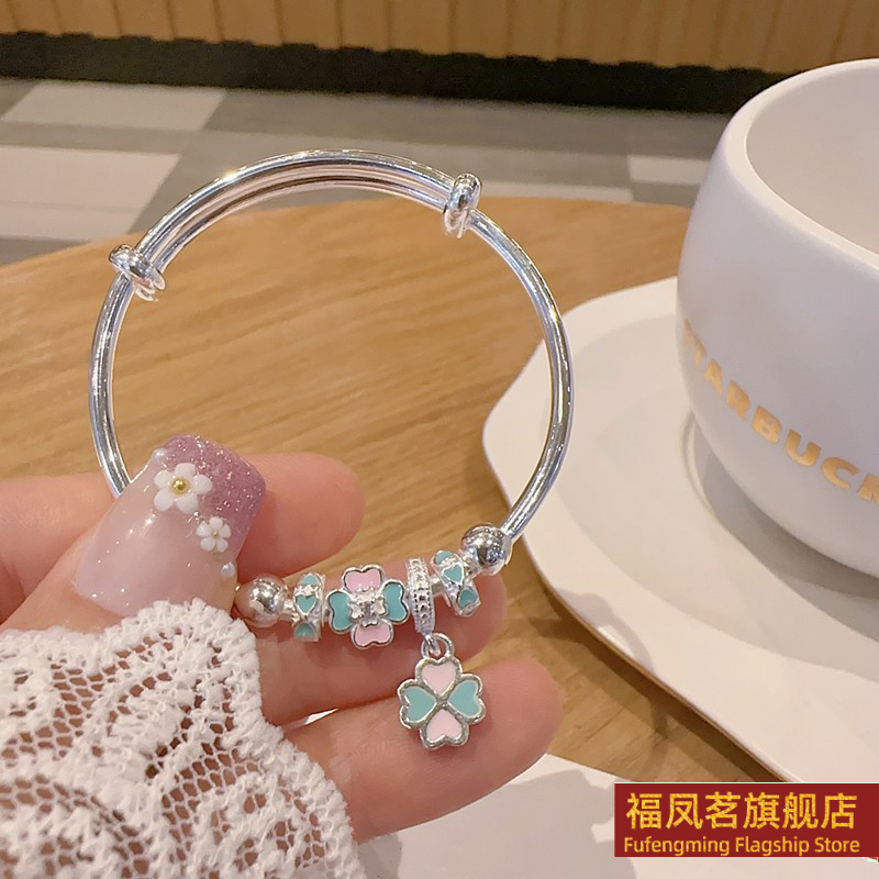 正生新款四叶草蝴蝶结彩虹纯银手镯足银9999小女孩中大童儿童礼物