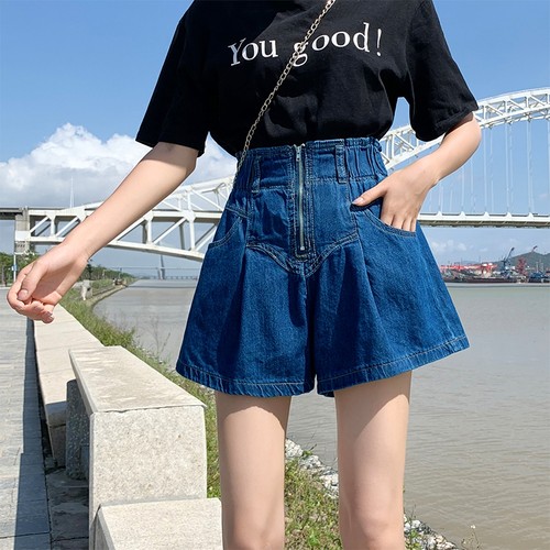 实拍~网红松紧腰拉链设计花苞牛仔短裤高腰阔腿A字裤热裤