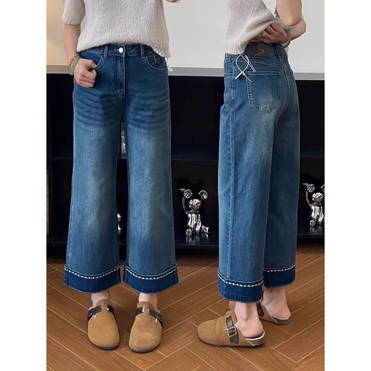 九分翻边直筒加绒牛仔裤女2025新款冬季大码胖mm显瘦小个子阔腿裤